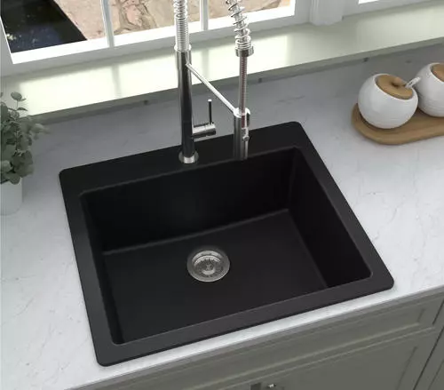 Tuscany Dual Mount 25" Black Quartz Composite 1-Hole Single Bowl Kitchen Sink 2 Tuscany Dual Mount 25" Black Quartz Composite 1-Hole Single Bowl Kitchen Sink - Image 2