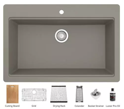 Tuscany Dual Mount 33" Concrete Quartz Composite 1-Hole Single Bowl Kitchen Sink - Modern Workstation Design 3 Tuscany Dual Mount 33" Concrete Quartz Composite 1-Hole Single Bowl Kitchen Sink - Modern Workstation Design - Image 3