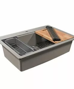 Tuscany Dual Mount 33" Concrete Quartz Composite 1-Hole Single Bowl Kitchen Sink - Modern Workstation Design