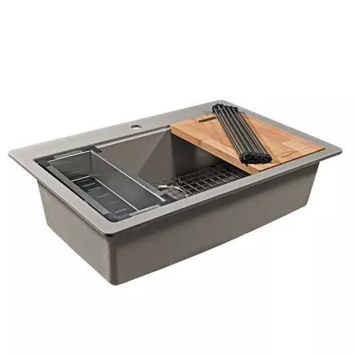 Tuscany Dual Mount 33" Concrete Quartz Composite 1-Hole Single Bowl Kitchen Sink - Modern Workstation Design 1 Tuscany Dual Mount 33" Concrete Quartz Composite 1-Hole Single Bowl Kitchen Sink - Modern Workstation Design