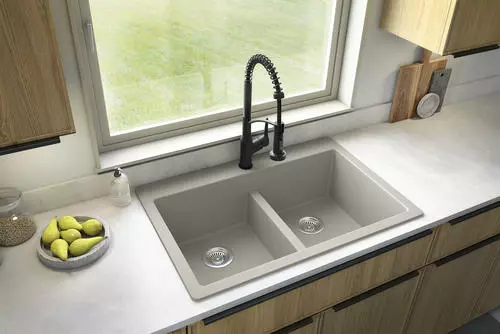 Tuscany Dual Mount 33" Concrete Quartz Composite 1-Hole Double Bowl Kitchen Sink | Durable & Stylish 2 Tuscany Dual Mount 33" Concrete Quartz Composite 1-Hole Double Bowl Kitchen Sink | Durable & Stylish - Image 2