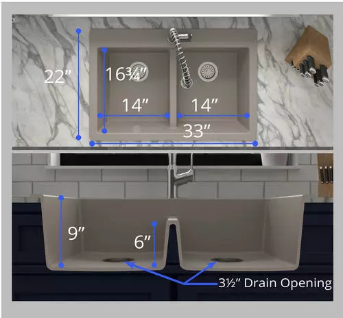 Tuscany Dual Mount 33" Concrete Quartz Composite 1-Hole Double Bowl Kitchen Sink | Durable & Stylish 3 Tuscany Dual Mount 33" Concrete Quartz Composite 1-Hole Double Bowl Kitchen Sink | Durable & Stylish - Image 3