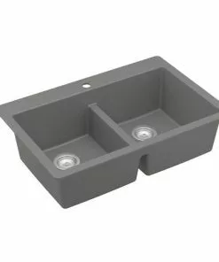 Tuscany® Dual Mount 33" Gray Quartz Composite 1-Hole Double Bowl Kitchen Sink - Durable & Stylish