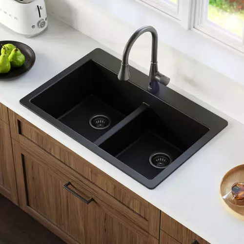 Tuscany Dual Mount 33" Black Quartz Composite 1-Hole Double Bowl Kitchen Sink - Durable & Stylish 3 Tuscany Dual Mount 33" Black Quartz Composite 1-Hole Double Bowl Kitchen Sink - Durable & Stylish - Image 3