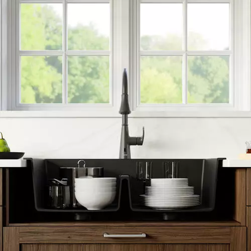 Tuscany Dual Mount 33" Black Quartz Composite 1-Hole Double Bowl Kitchen Sink - Durable & Stylish 4 Tuscany Dual Mount 33" Black Quartz Composite 1-Hole Double Bowl Kitchen Sink - Durable & Stylish - Image 4