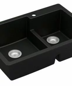 Tuscany Dual Mount 33" Black Quartz Composite 1-Hole Double Bowl Kitchen Sink - Durable & Stylish