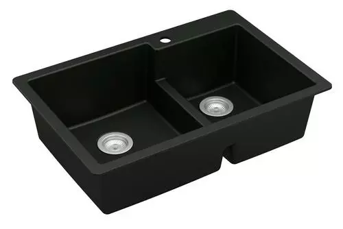 Tuscany Dual Mount 33" Black Quartz Composite 1-Hole Double Bowl Kitchen Sink - Durable & Stylish 1 Tuscany Dual Mount 33" Black Quartz Composite 1-Hole Double Bowl Kitchen Sink - Durable & Stylish
