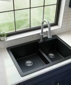 Tuscany Dual Mount 33" Black Quartz Composite 1-Hole Double Bowl Kitchen Sink - Durable & Stylish 13 Tuscany Dual Mount 33" Black Quartz Composite 1-Hole Double Bowl Kitchen Sink - Durable & Stylish -Tuscany Shop 33229 6040 BLK 6 1
