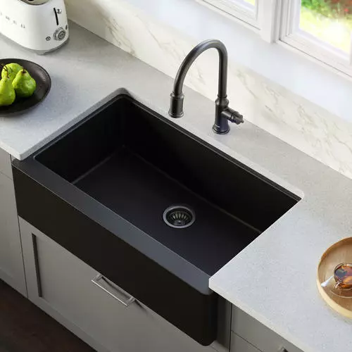 Tuscany Farmhouse 34" Black Quartz Composite Single Bowl Kitchen Sink - Durable & Stylish 3 Tuscany Farmhouse 34" Black Quartz Composite Single Bowl Kitchen Sink - Durable & Stylish - Image 3