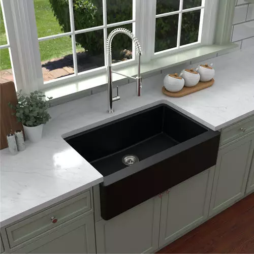 Tuscany Farmhouse 34" Black Quartz Composite Single Bowl Kitchen Sink - Durable & Stylish 6 Tuscany Farmhouse 34" Black Quartz Composite Single Bowl Kitchen Sink - Durable & Stylish - Image 6