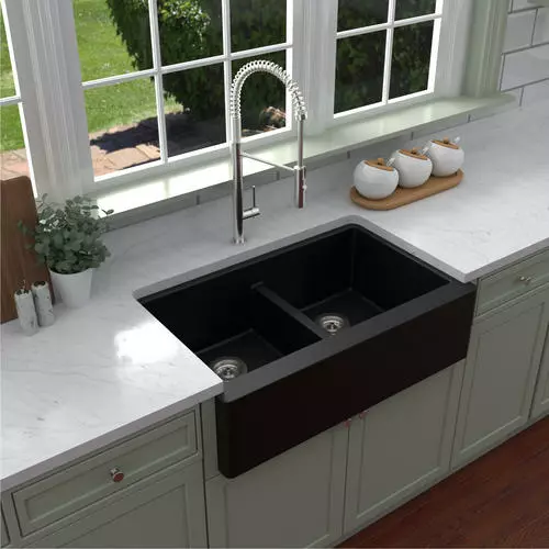 Tuscany Farmhouse/Apron Front 34" Black Quartz Composite Double Bowl Kitchen Sink - Durable & Stylish 2 Tuscany Farmhouse/Apron Front 34" Black Quartz Composite Double Bowl Kitchen Sink - Durable & Stylish - Image 2