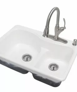 Tuscany Windansea Drop-In 33" White Cast Iron 4-Hole Double Bowl Kitchen Sink | Durable & Stylish -Tuscany Shop 672 1065 P LS