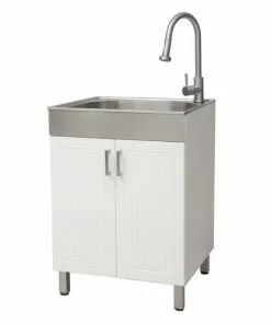 Tuscany® 24"W X 21-1/4"D White Cabinet & Stainless Steel Laundry/Utility Sink with Faucet - Durable & Stylish Plumbing Solution