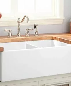 Tuscany® Farmhouse/Apron Front 33" White Fireclay Double Bowl Kitchen Sink - Durable & Stylish -Tuscany Shop 6721143 L