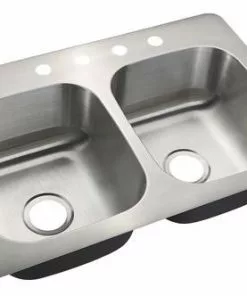 Tuscany® Dual Mount 33" Stainless Steel 4-Hole Double Bowl Kitchen Sink - Durable & Stylish