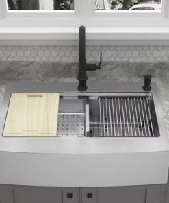 Tuscany™ Acadian Farmhouse 33" Stainless Steel Apron Front Kitchen Sink - 2-Hole Single Bowl Work Station -Tuscany Shop 6724137 Scene 3