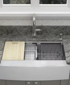 Tuscany™ Acadian Farmhouse 33" Stainless Steel Apron Front Kitchen Sink - 2-Hole Single Bowl Work Station -Tuscany Shop 6724137 scene 2b