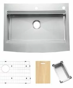 Tuscany™ Acadian Farmhouse 33" Stainless Steel Apron Front Kitchen Sink - 2-Hole Single Bowl Work Station -Tuscany Shop 6724137 wparts