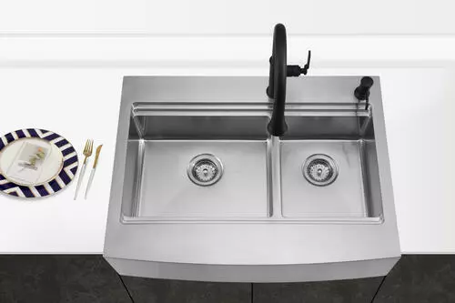 Tuscany™ Acadian Farmhouse 33" Stainless Steel Double Bowl Apron Front Kitchen Sink 5 Tuscany™ Acadian Farmhouse 33" Stainless Steel Double Bowl Apron Front Kitchen Sink - Image 5