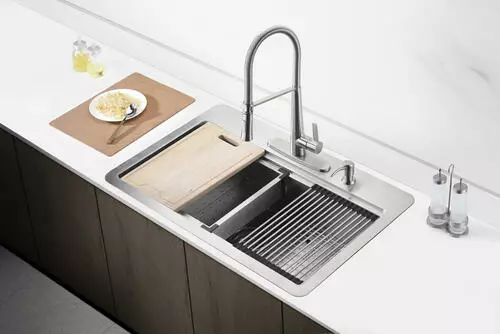 Tuscany Acadian 33" Stainless Steel 4-Hole Single Bowl Kitchen Sink, Dual Mount Design 5 Tuscany Acadian 33" Stainless Steel 4-Hole Single Bowl Kitchen Sink, Dual Mount Design - Image 5