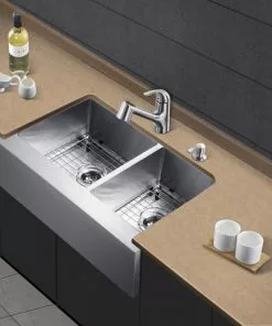 Tuscany® Farmhouse/Apron Front 31" Stainless Steel Offset Double Bowl Kitchen Sink - Durable & Stylish -Tuscany Shop 6724172 scene 01