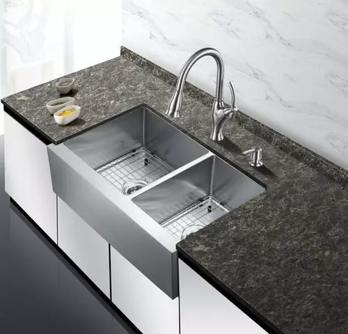 Tuscany® Farmhouse/Apron Front 33" Stainless Steel Offset Double Bowl Kitchen Sink - Durable & Stylish 3 Tuscany® Farmhouse/Apron Front 33" Stainless Steel Offset Double Bowl Kitchen Sink - Durable & Stylish - Image 3