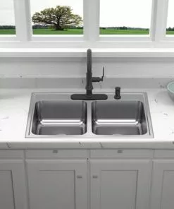 Tuscany® Baytown Drop-In 33" Stainless Steel 4-Hole Double Bowl Kitchen Sink - Durable & Stylish -Tuscany Shop 6724333 TM SC FV