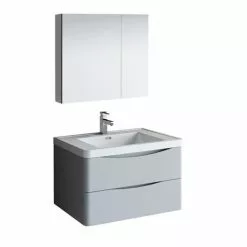 Fresca Tuscany 31.5" Glossy Gray Wall-Hung Vanity with White Acrylic Top & Integrated Rectangular Bowl - Modern Bathroom Vanity Set