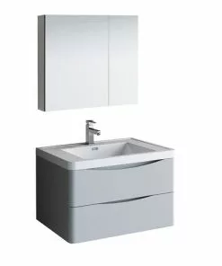 Fresca Tuscany 31.5" Glossy Gray Wall-Hung Vanity with White Acrylic Top & Integrated Rectangular Bowl - Modern Bathroom Vanity Set