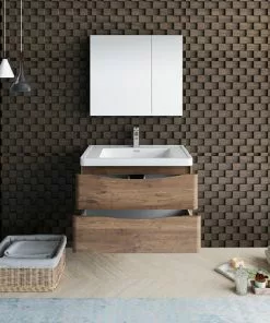 Fresca Tuscany 31.5"W Rosewood Wall-Hung Vanity with White Acrylic Top & Integrated Rectangular Bowl & Medicine Cabinet -Tuscany Shop FVN9032RW 3