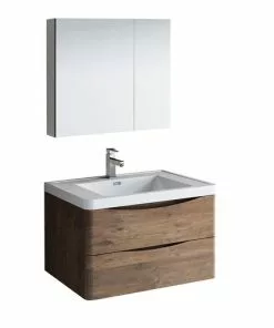 Fresca Tuscany 31.5"W Rosewood Wall-Hung Vanity with White Acrylic Top & Integrated Rectangular Bowl & Medicine Cabinet