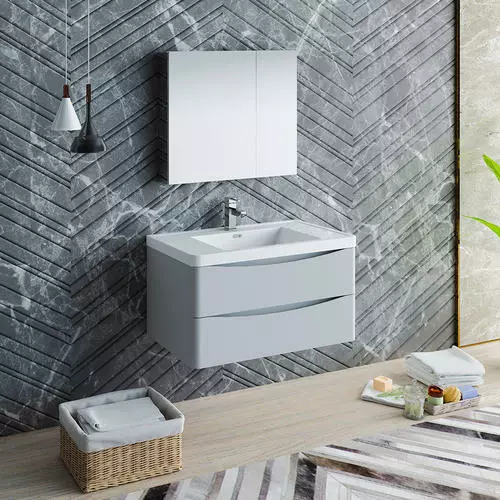 Fresca Tuscany 35.5"W Wall Hung Vanity with Glossy Gray Finish & White Acrylic Top | Integrated Rectangular Bowl & Medicine Cabinet 2 Fresca Tuscany 35.5"W Wall Hung Vanity with Glossy Gray Finish & White Acrylic Top | Integrated Rectangular Bowl & Medicine Cabinet - Image 2
