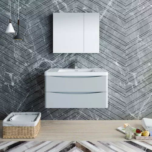 Fresca Tuscany 35.5"W Wall Hung Vanity with Glossy Gray Finish & White Acrylic Top | Integrated Rectangular Bowl & Medicine Cabinet 3 Fresca Tuscany 35.5"W Wall Hung Vanity with Glossy Gray Finish & White Acrylic Top | Integrated Rectangular Bowl & Medicine Cabinet - Image 3