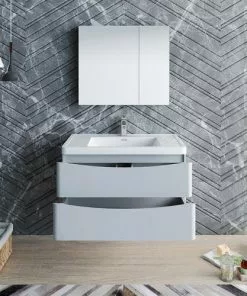 Fresca Tuscany 35.5"W Wall Hung Vanity with Glossy Gray Finish & White Acrylic Top | Integrated Rectangular Bowl & Medicine Cabinet 10 Fresca Tuscany 35.5"W Wall Hung Vanity with Glossy Gray Finish & White Acrylic Top | Integrated Rectangular Bowl & Medicine Cabinet -Tuscany Shop FVN9036GRG 3