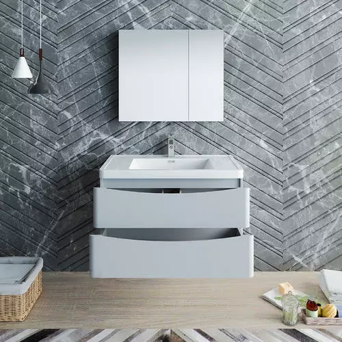 Fresca Tuscany 35.5"W Wall Hung Vanity with Glossy Gray Finish & White Acrylic Top | Integrated Rectangular Bowl & Medicine Cabinet 4 Fresca Tuscany 35.5"W Wall Hung Vanity with Glossy Gray Finish & White Acrylic Top | Integrated Rectangular Bowl & Medicine Cabinet - Image 4