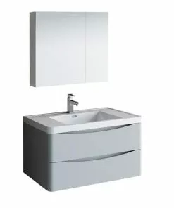 Fresca Tuscany 35.5"W Wall Hung Vanity with Glossy Gray Finish & White Acrylic Top | Integrated Rectangular Bowl & Medicine Cabinet