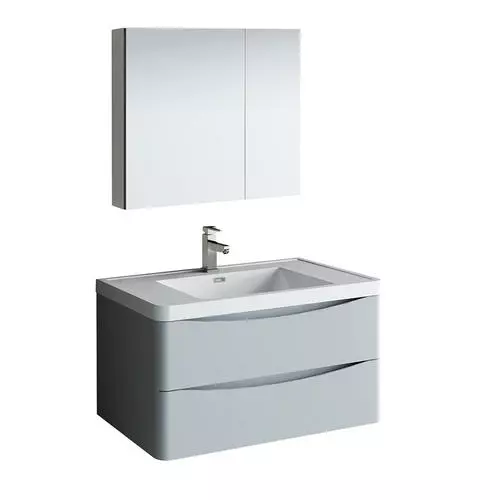 Fresca Tuscany 35.5"W Wall Hung Vanity with Glossy Gray Finish & White Acrylic Top | Integrated Rectangular Bowl & Medicine Cabinet