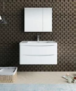 Fresca Tuscany 35.5"W Glossy White Wall-Hung Vanity with Integrated Rectangular Bowl & Medicine Cabinet -Tuscany Shop FVN9036WH 2
