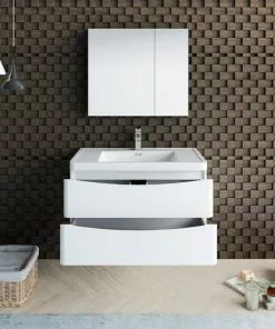 Fresca Tuscany 35.5"W Glossy White Wall-Hung Vanity with Integrated Rectangular Bowl & Medicine Cabinet -Tuscany Shop FVN9036WH 3
