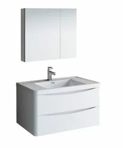 Fresca Tuscany 35.5"W Glossy White Wall-Hung Vanity with Integrated Rectangular Bowl & Medicine Cabinet