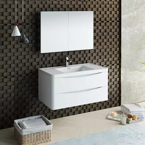 Fresca Tuscany 39.5"W Glossy White Wall Hung Vanity with White Acrylic Top & Rectangular Bowl 2 Fresca Tuscany 39.5"W Glossy White Wall Hung Vanity with White Acrylic Top & Rectangular Bowl - Image 2