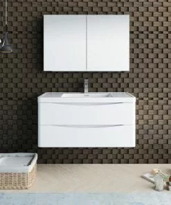 Fresca Tuscany 39.5"W Glossy White Wall Hung Vanity with White Acrylic Top & Rectangular Bowl 10 Fresca Tuscany 39.5"W Glossy White Wall Hung Vanity with White Acrylic Top & Rectangular Bowl -Tuscany Shop FVN9040WH 2