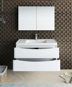 Fresca Tuscany 39.5"W Glossy White Wall Hung Vanity with White Acrylic Top & Rectangular Bowl 11 Fresca Tuscany 39.5"W Glossy White Wall Hung Vanity with White Acrylic Top & Rectangular Bowl -Tuscany Shop FVN9040WH 3