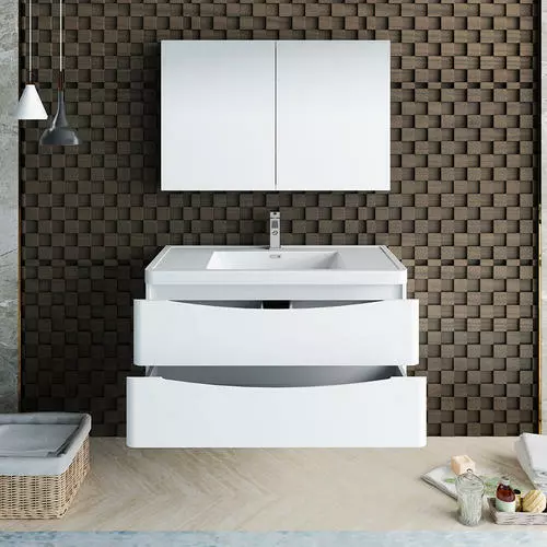Fresca Tuscany 39.5"W Glossy White Wall Hung Vanity with White Acrylic Top & Rectangular Bowl 4 Fresca Tuscany 39.5"W Glossy White Wall Hung Vanity with White Acrylic Top & Rectangular Bowl - Image 4