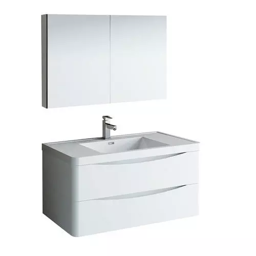 Fresca Tuscany 39.5"W Glossy White Wall Hung Vanity with White Acrylic Top & Rectangular Bowl 1 Fresca Tuscany 39.5"W Glossy White Wall Hung Vanity with White Acrylic Top & Rectangular Bowl
