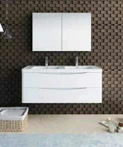 Fresca Tuscany 47"W Glossy White Wall Hung Vanity with White Acrylic Top & Integrated Rectangular Bowls + Medicine Cabinet -Tuscany Shop FVN9048WH D 2