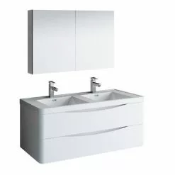 Fresca Tuscany 47"W Glossy White Wall Hung Vanity with White Acrylic Top & Integrated Rectangular Bowls + Medicine Cabinet