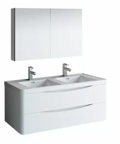 Fresca Tuscany 47"W Glossy White Wall Hung Vanity with White Acrylic Top & Integrated Rectangular Bowls + Medicine Cabinet
