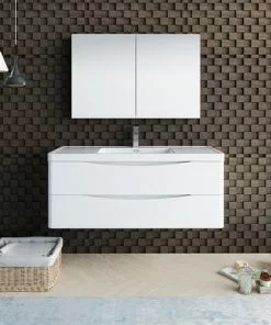 Fresca Tuscany 47"W Glossy White Wall Hung Vanity with Integrated Rectangular Bowl & Medicine Cabinet -Tuscany Shop FVN9048WH 2