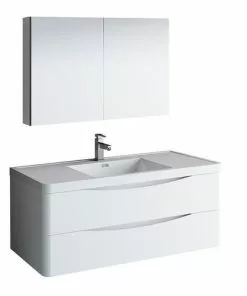 Fresca Tuscany 47"W Glossy White Wall Hung Vanity with Integrated Rectangular Bowl & Medicine Cabinet